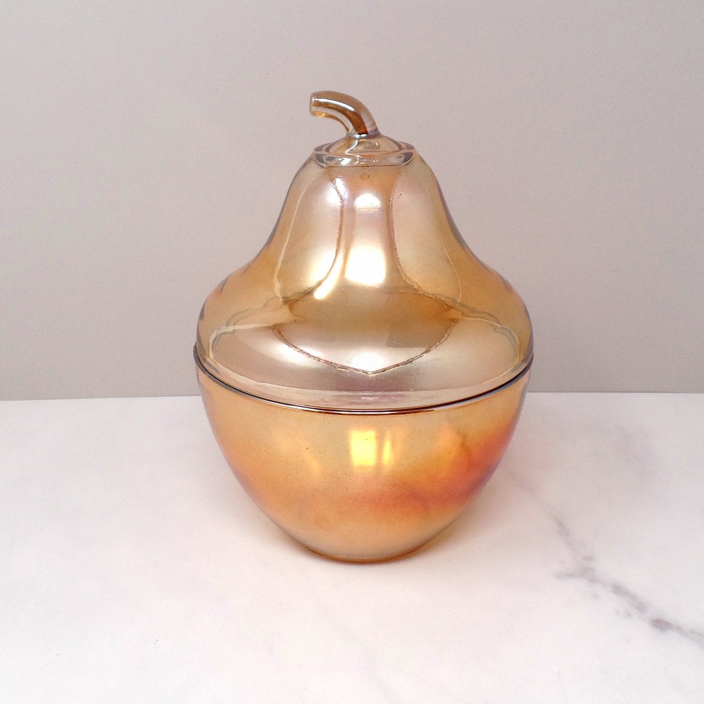 Vintage Jeanette Carnival Glass Pear Candy Dish, Marigold